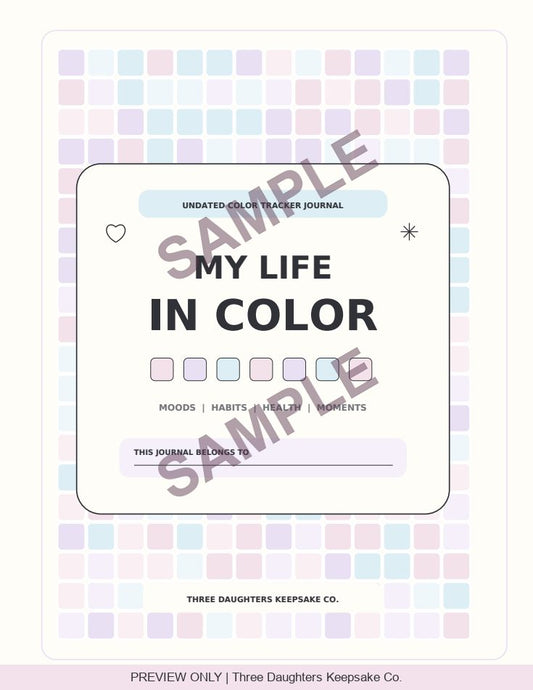 My Life in Color journal cover with pastel squares and a name field, marked SAMPLE.