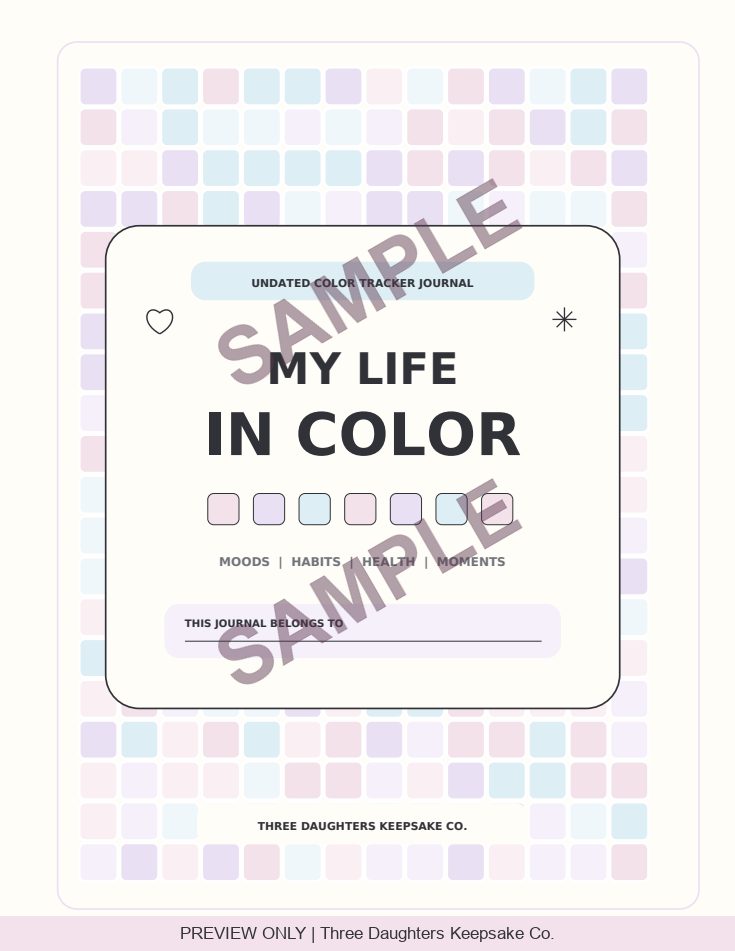 My Life in Color journal cover with pastel squares and a name field, marked SAMPLE.