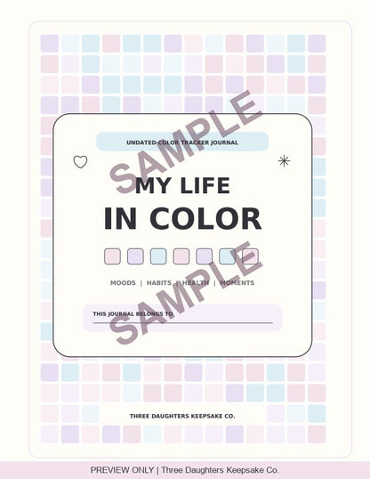 My Life in Color journal cover with pastel squares and a name field, marked SAMPLE.