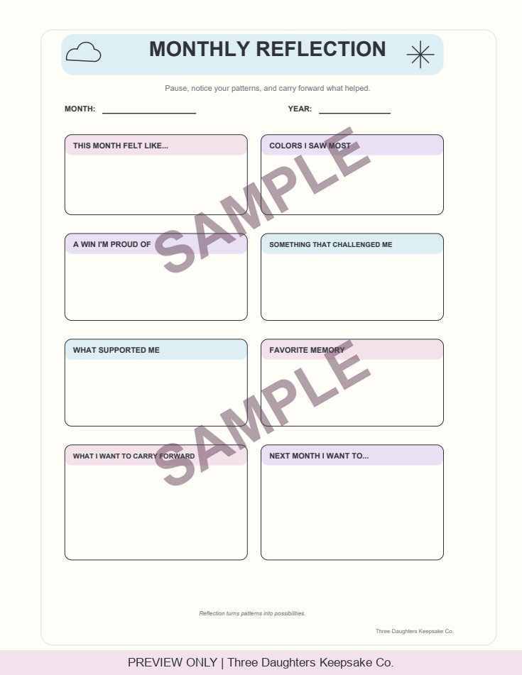 Monthly Reflection journal page with eight prompts for feelings, wins, challenges and memories, marked SAMPLE.