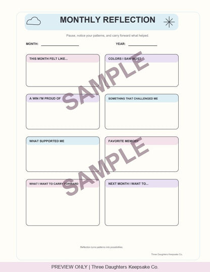 Monthly Reflection journal page with eight prompts for feelings, wins, challenges and memories, marked SAMPLE.