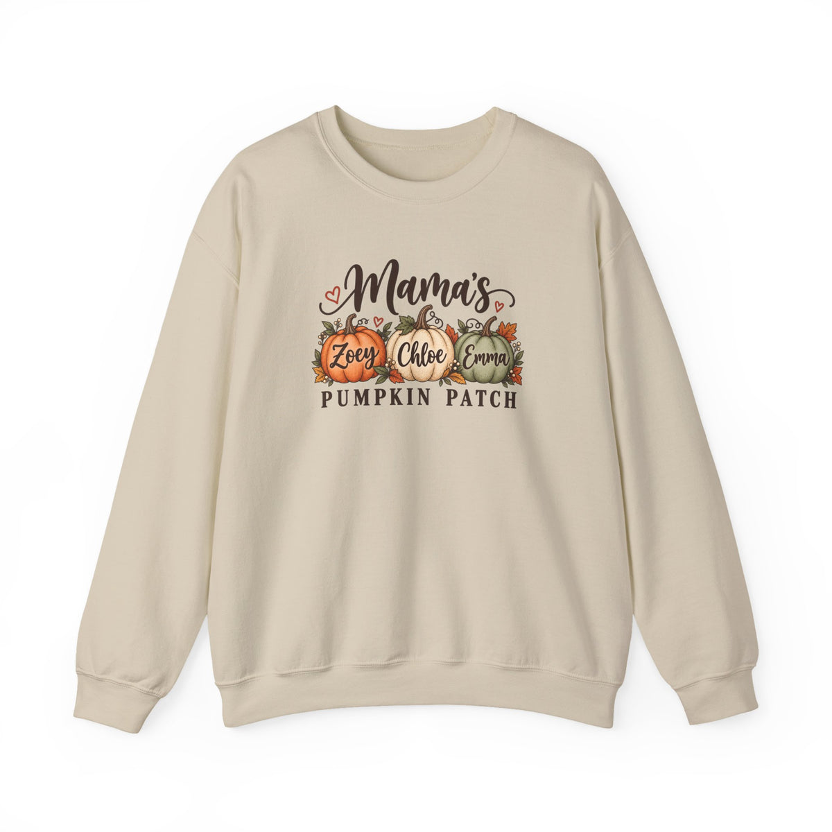 Personalized Mama's Pumpkin Patch crewneck sweatshirt with kids names, view 2