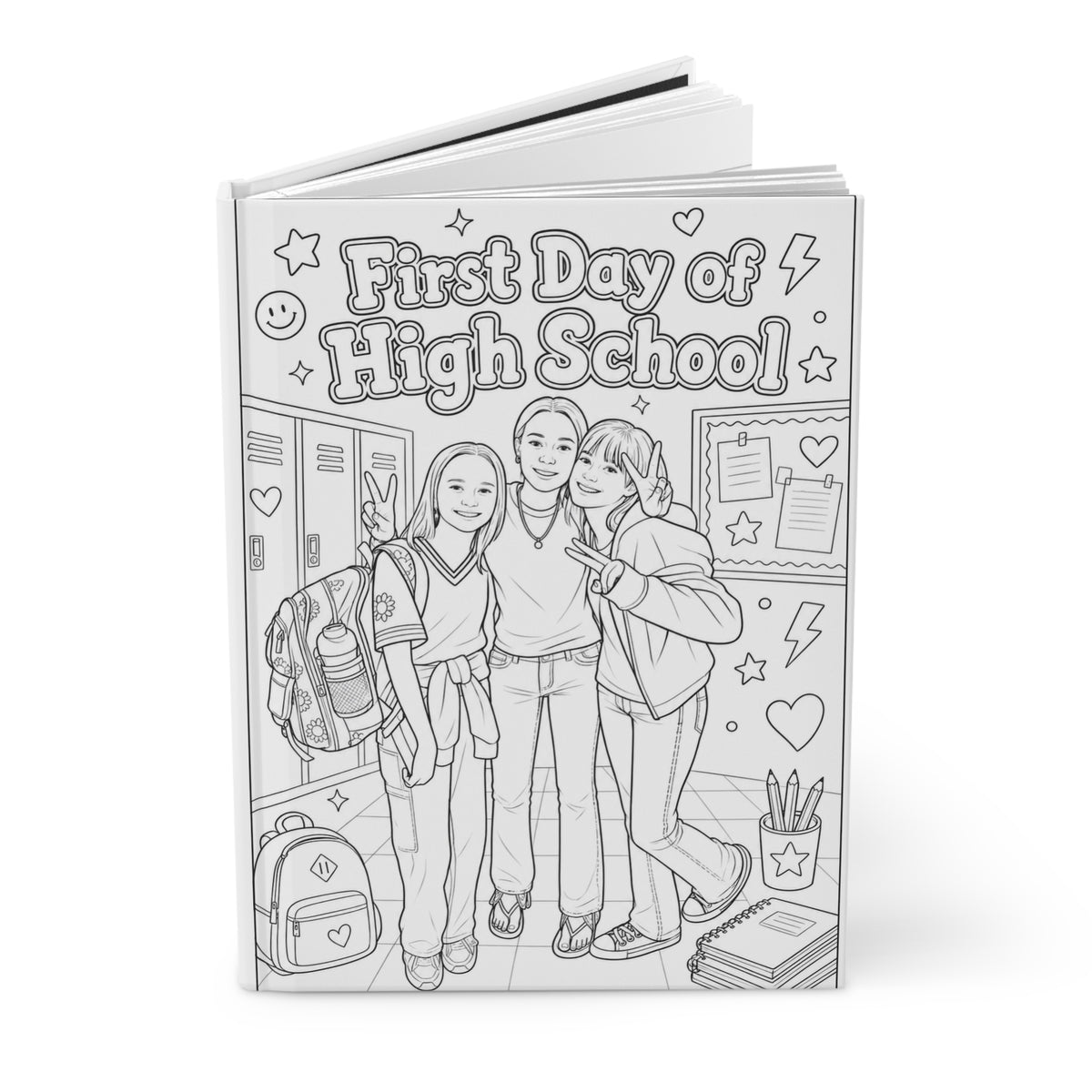 Personalized photo journal with coloring book style cover, hardcover lined notebook, view 3