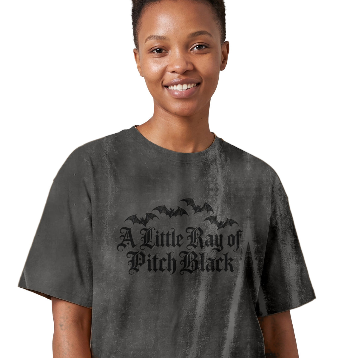 A Little Ray of Pitch Black acid wash gothic bat t-shirt, view 3
