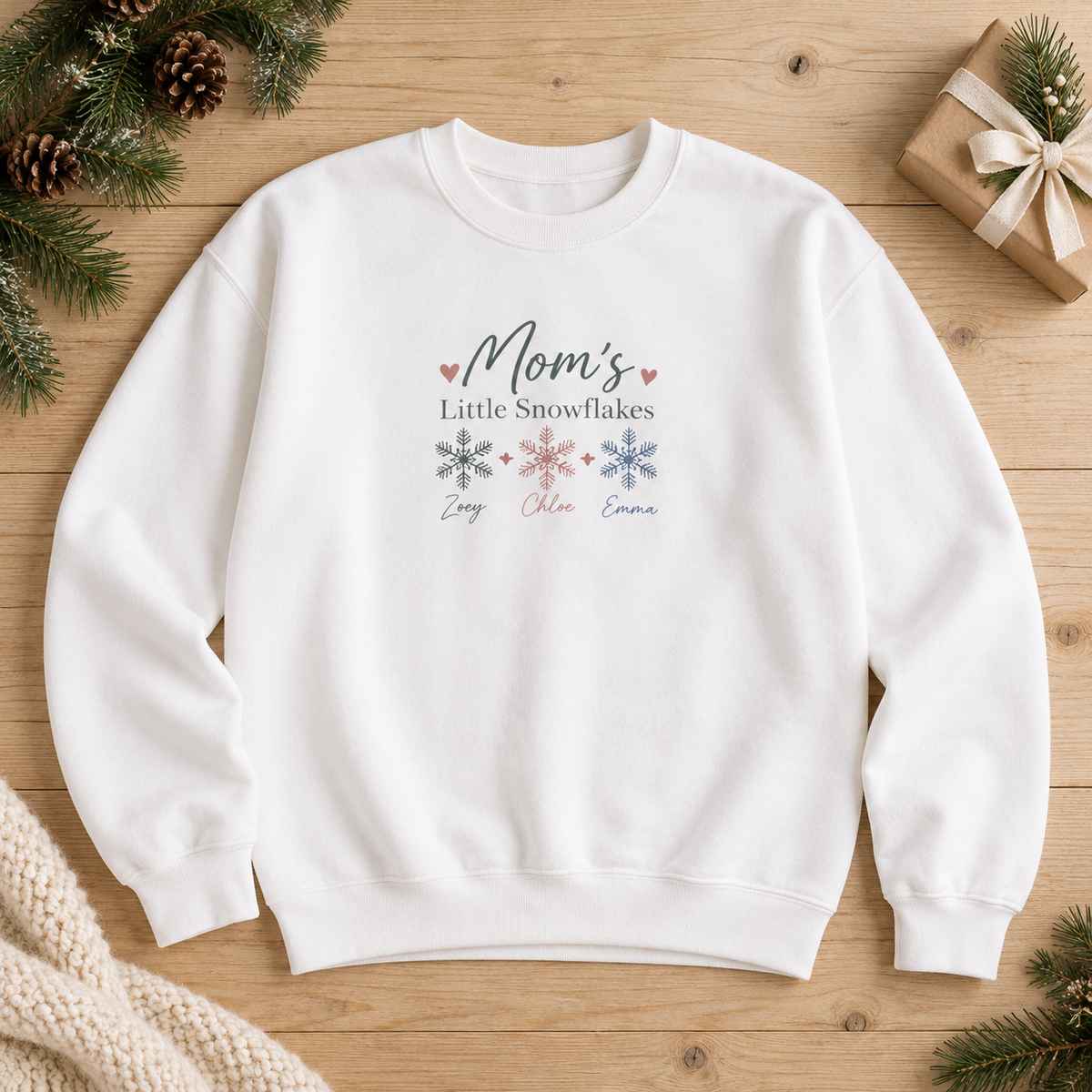 Personalized Mom's Little Snowflakes sweatshirt with kids names, Christmas crewneck