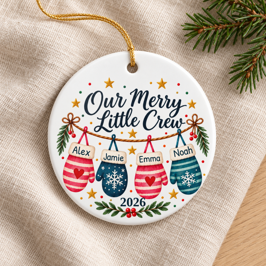 Personalized family Christmas ornament with four names on pink and teal mittens