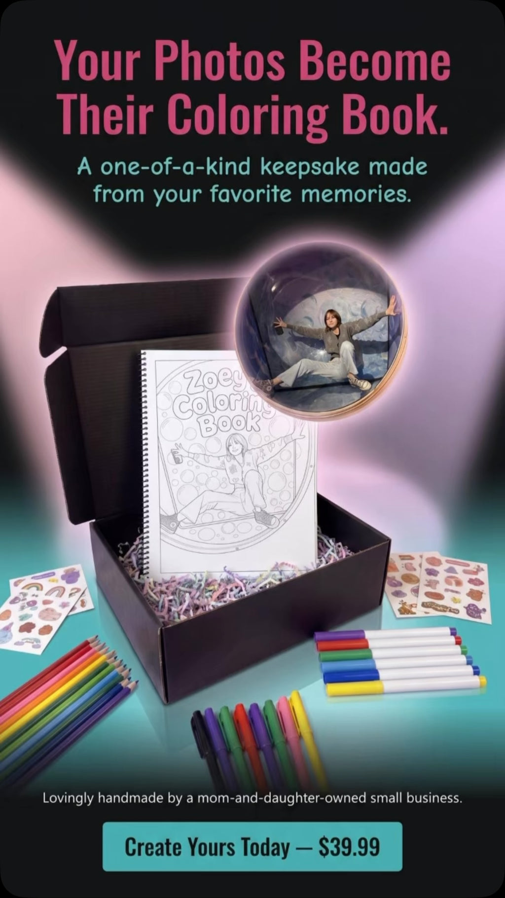Personalized photo coloring book gift box with markers, colored pencils and stickers
