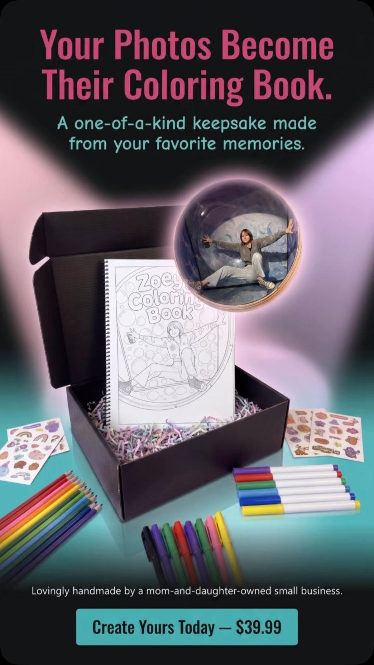 Personalized photo coloring book gift box with markers, colored pencils and stickers