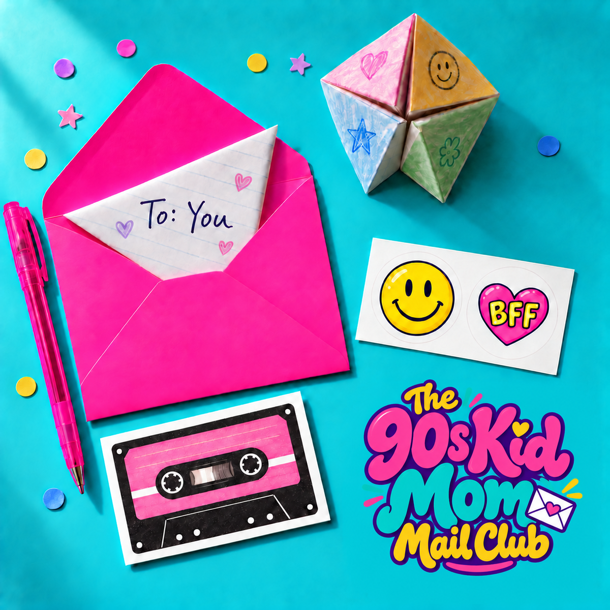 The 90s Kid Mom Mail Club logo beside a styled example of a pink envelope, folded notebook note, paper fortune teller, mixtape card and stickers. Pink gel pen is a styling prop, not included.