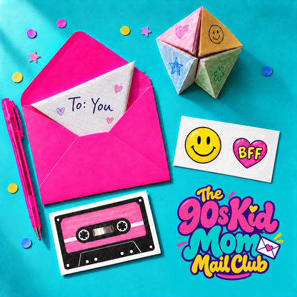 The 90s Kid Mom Mail Club logo beside a styled example of a pink envelope, folded notebook note, paper fortune teller, mixtape card and stickers. Pink gel pen is a styling prop, not included.