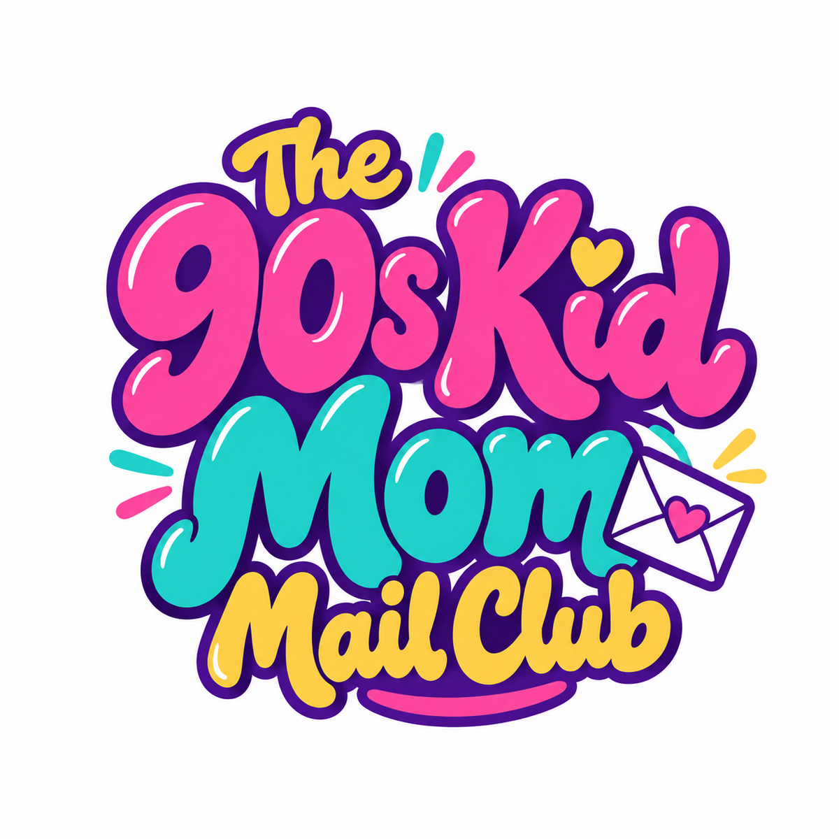 The 90s Kid Mom Mail Club colorful pink, teal and yellow logo