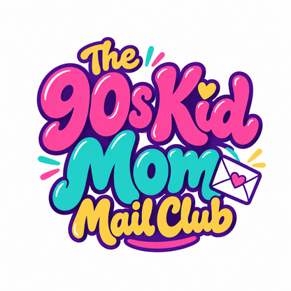 The 90s Kid Mom Mail Club colorful pink, teal and yellow logo