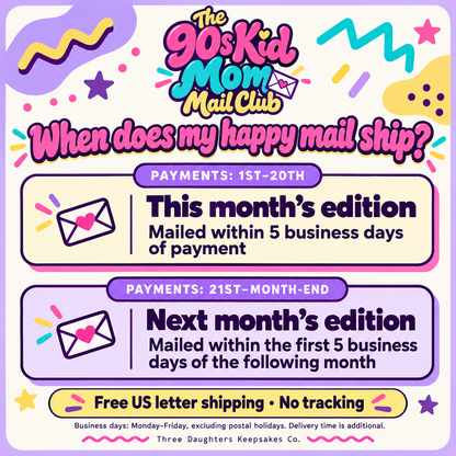 Mail Club schedule: pay 1st–20th, mails within 5 business days; pay 21st–month-end, mails in next month’s first 5 business days.