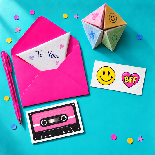 Styled example of 90s Kid Mom Mail Club paper goodies: folded notebook note, pink envelope, fortune teller, mixtape card and stickers. Pink gel pen is a styling prop, not included.