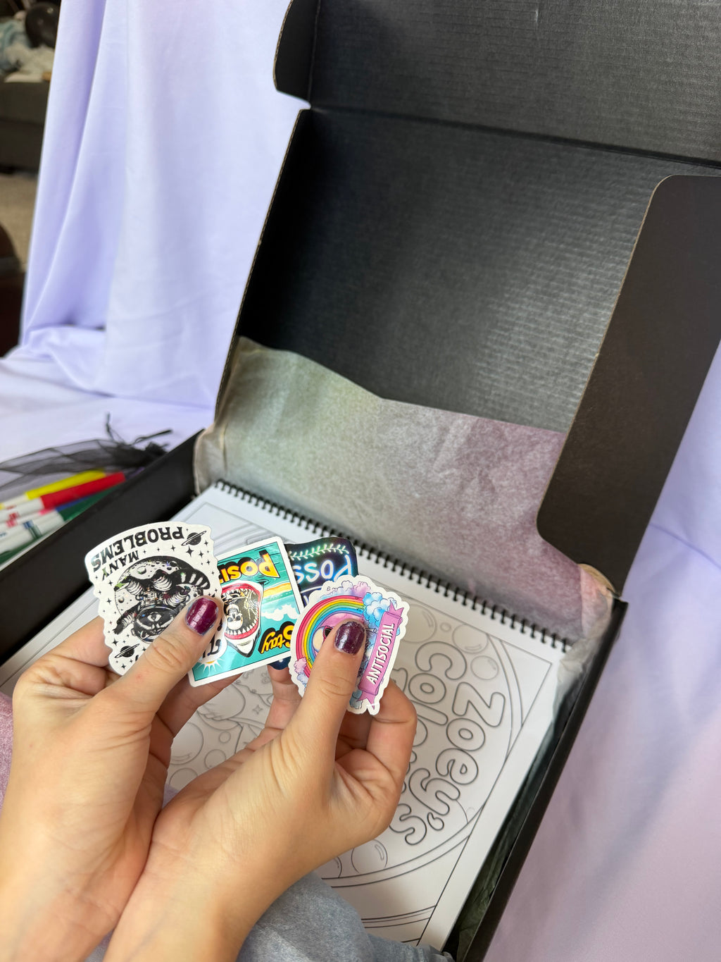 Decorative stickers included with the personalized coloring book gift set