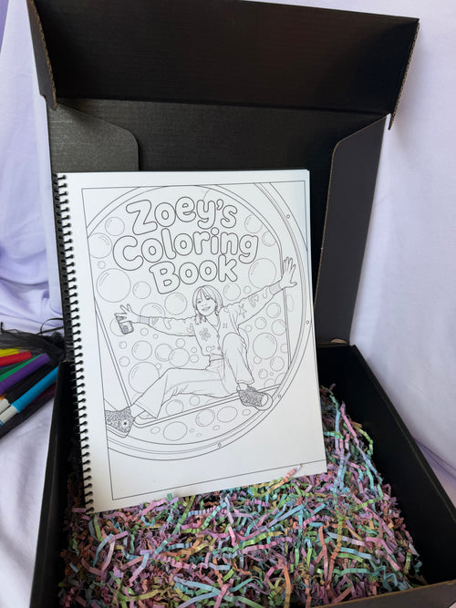 Personalized Zoey coloring book displayed in an open black keepsake gift box