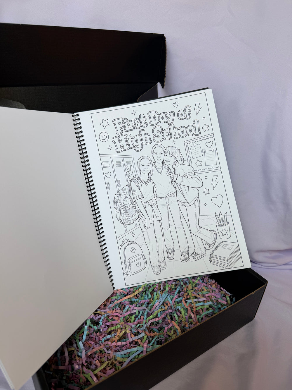 Custom First Day of High School coloring page inside a personalized spiral-bound book