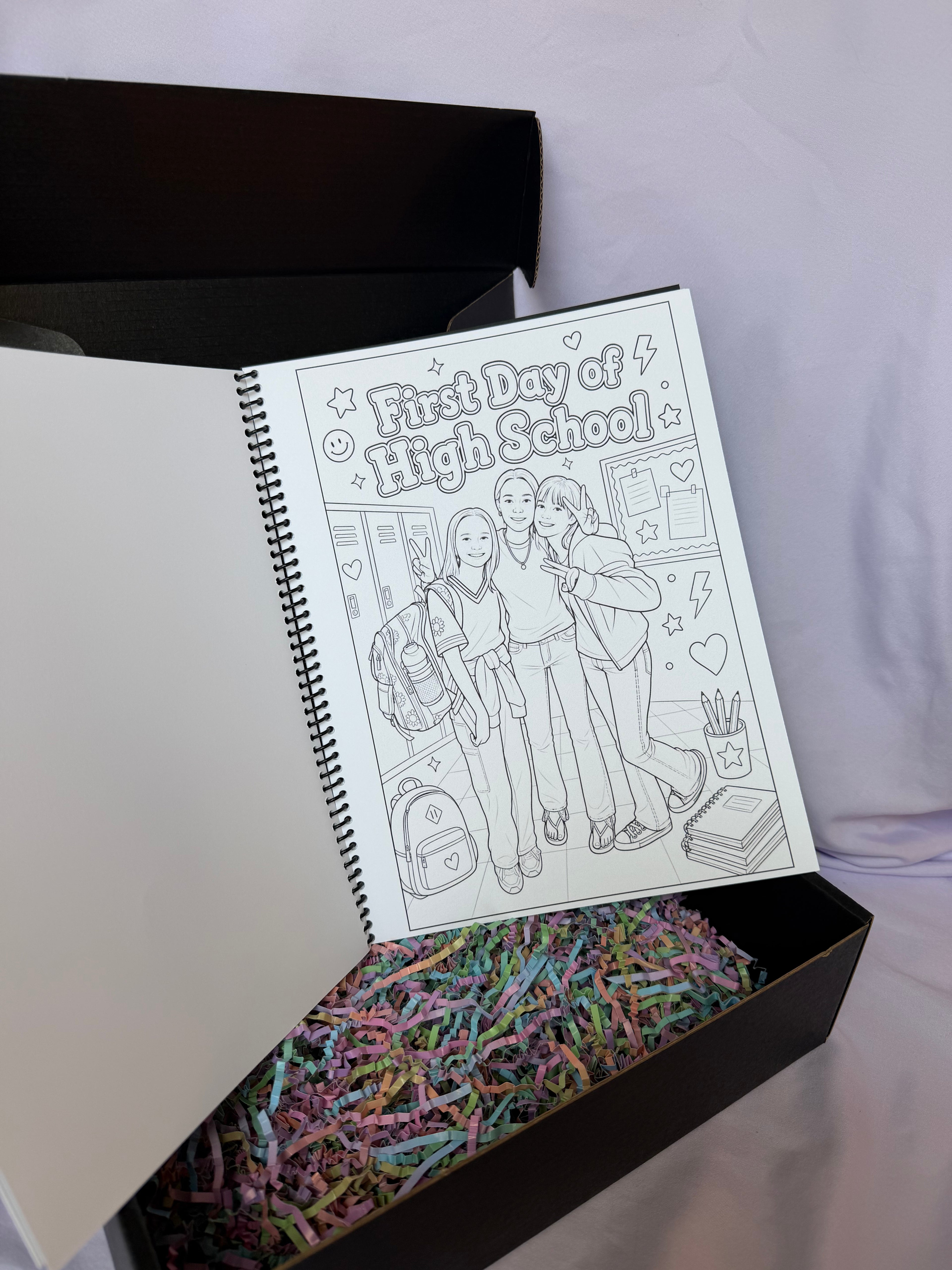 Custom First Day of High School coloring page inside a personalized spiral-bound book