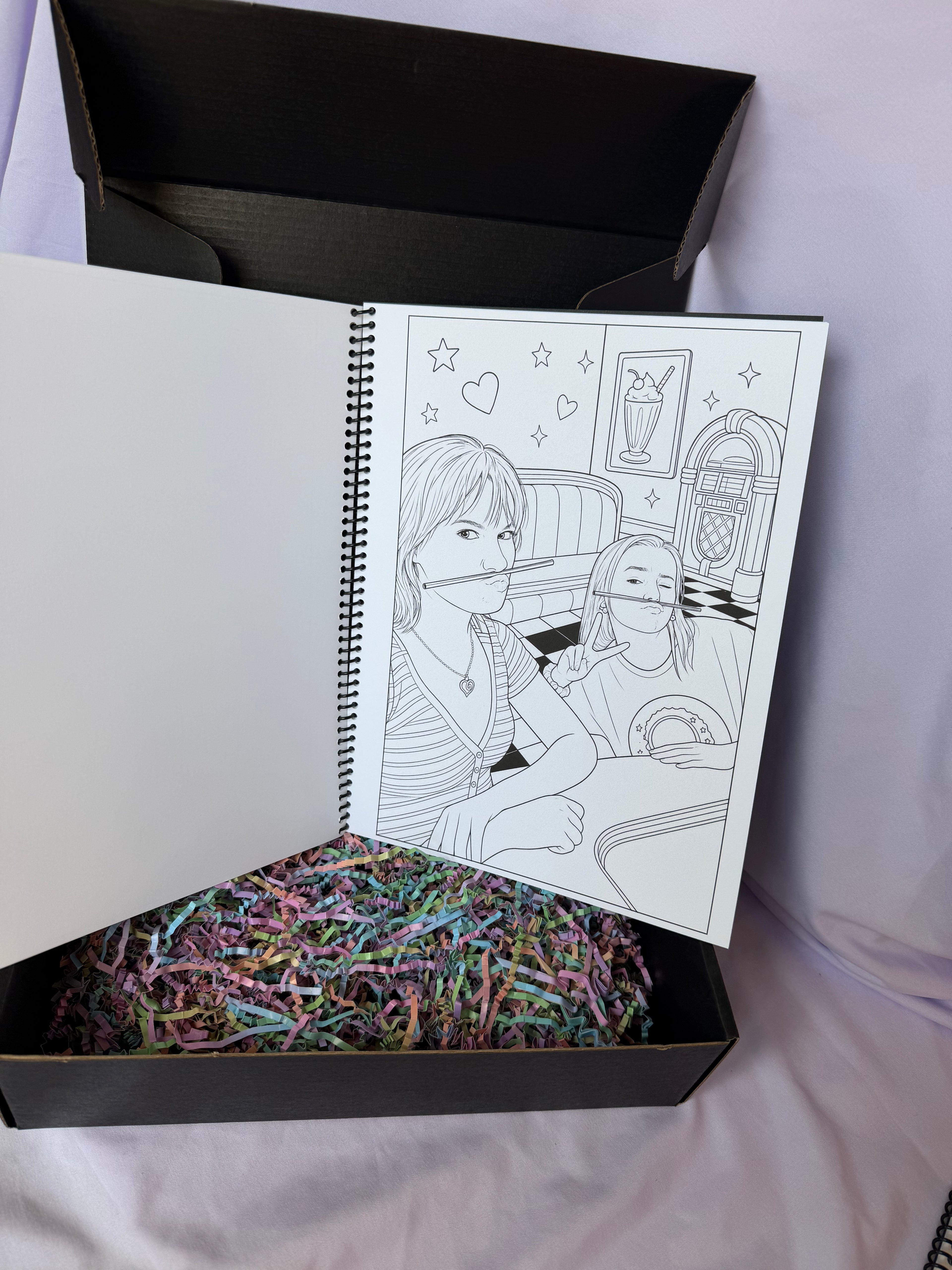 Custom photo coloring page of friends in a spiral-bound keepsake book