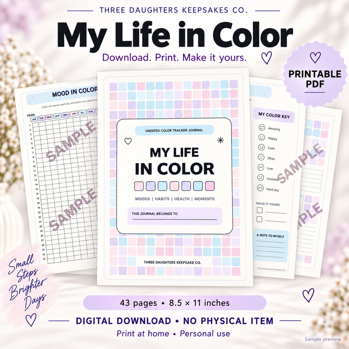 My Life in Color printable PDF preview with a pastel cover, mood tracker and color key; digital file only.