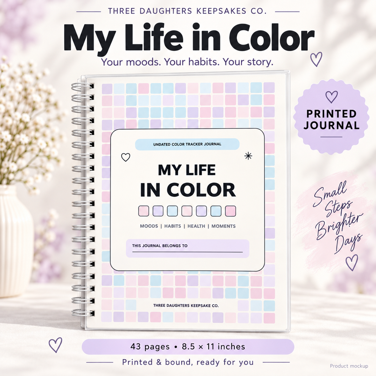 My Life in Color printed coil-bound journal with a pastel grid cover, shown as a product mockup.