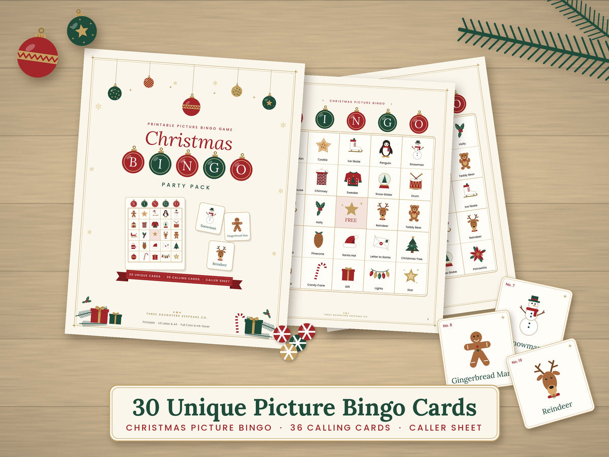 Christmas Bingo Party Pack cover, picture bingo cards and calling cards, with 30 unique player cards.