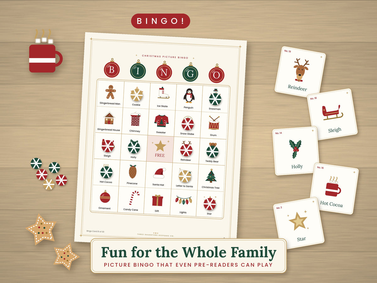 Christmas picture bingo card with a FREE center and illustrated reindeer, sleigh, holly and cocoa calling cards.