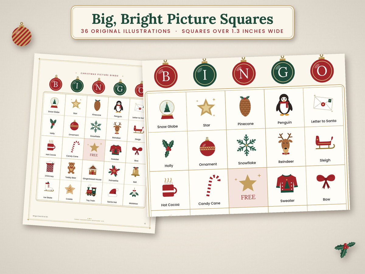 Close-up of Christmas bingo cards with large illustrated squares, labels and a FREE center.