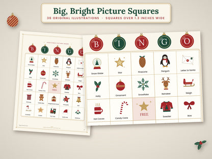 Close-up of Christmas bingo cards with large illustrated squares, labels and a FREE center.