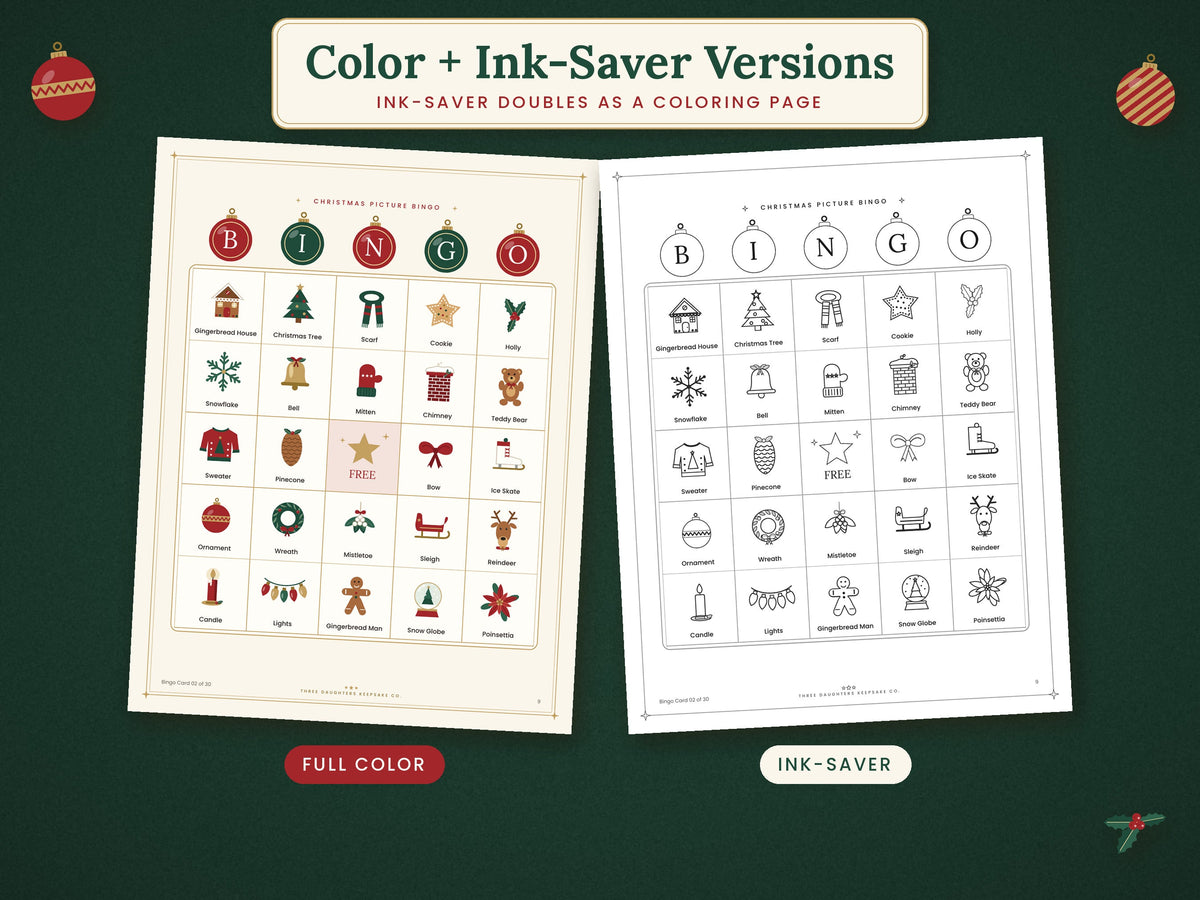 Christmas picture bingo card shown in full-color and black-and-white ink-saving versions.