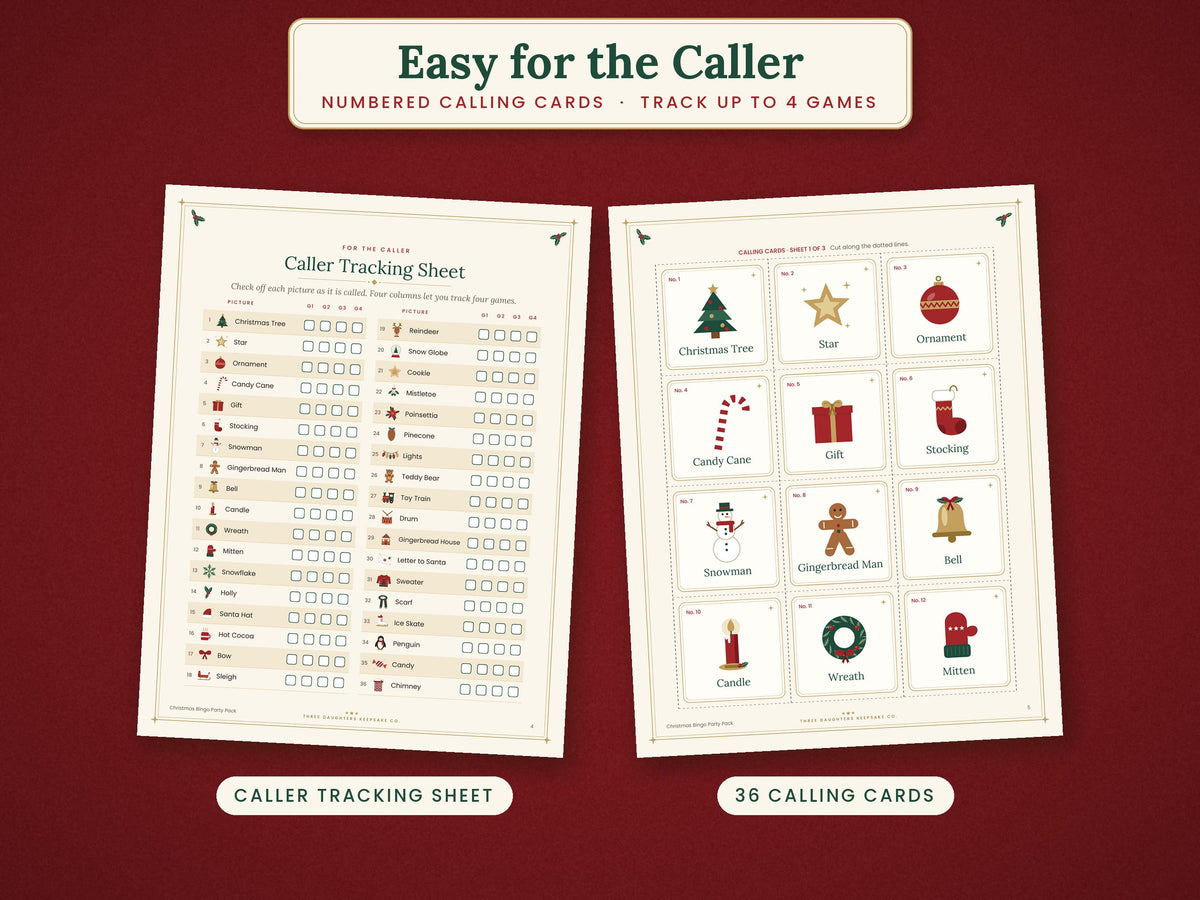 Christmas bingo caller tracking sheet beside numbered picture calling cards, with 36 calling cards included.