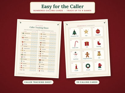 Christmas bingo caller tracking sheet beside numbered picture calling cards, with 36 calling cards included.