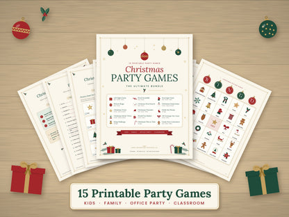 Christmas party games bundle cover with bingo and activity pages, featuring 15 printable games.