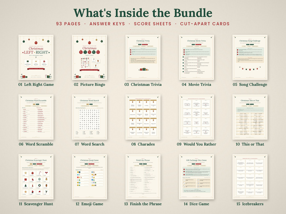 Overview of all 15 Christmas games included in the 93-page bundle, with answer keys and activity cards.