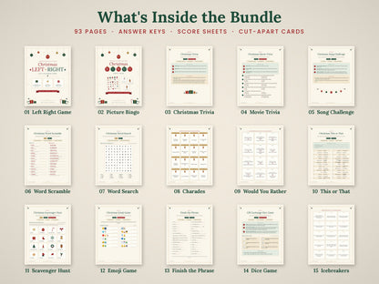 Overview of all 15 Christmas games included in the 93-page bundle, with answer keys and activity cards.