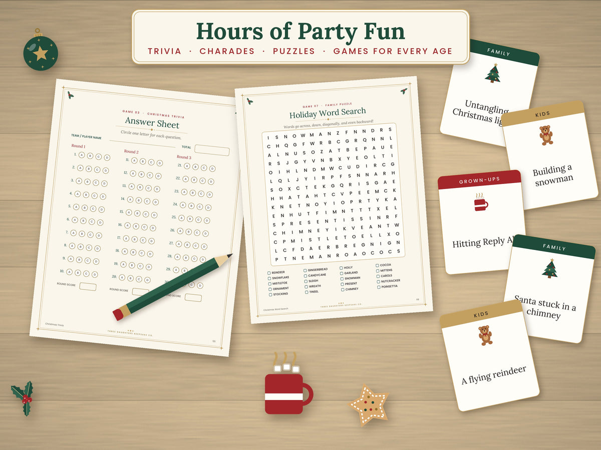 Christmas party activity pages showing trivia, word search and charades cards on a festive table.