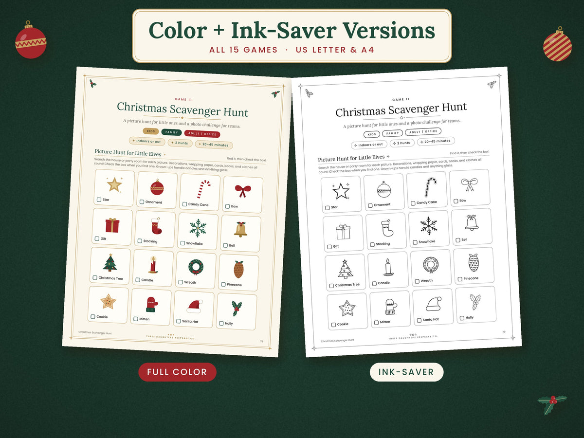 Christmas scavenger hunt in full-color and ink-saving versions from the 15-game printable bundle.
