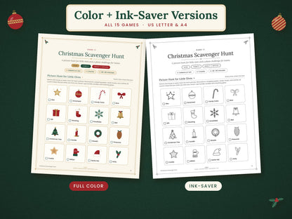 Christmas scavenger hunt in full-color and ink-saving versions from the 15-game printable bundle.