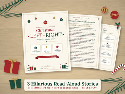 Christmas Left Right gift exchange game cover, story page and twist cards on a festive wooden table.
