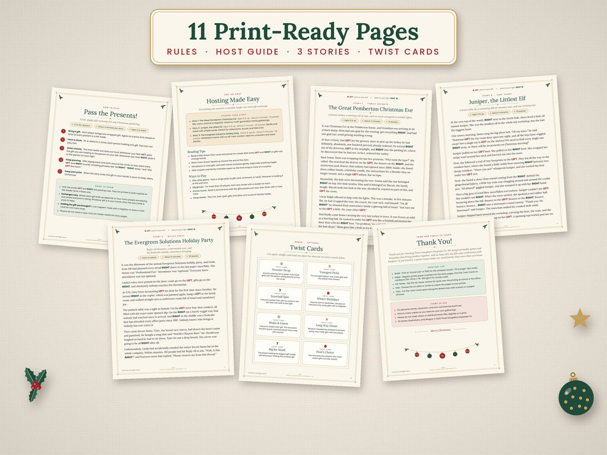 Pages included in the 11-page Christmas Left Right game, with rules, host guide, three stories and twist cards.