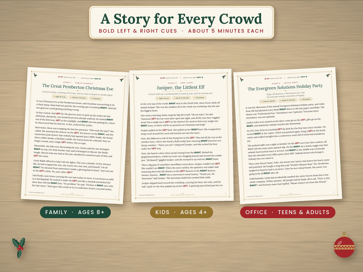 Three Christmas Left Right stories for family gatherings, children and office parties.
