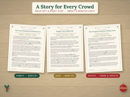 Three Christmas Left Right stories for family gatherings, children and office parties.