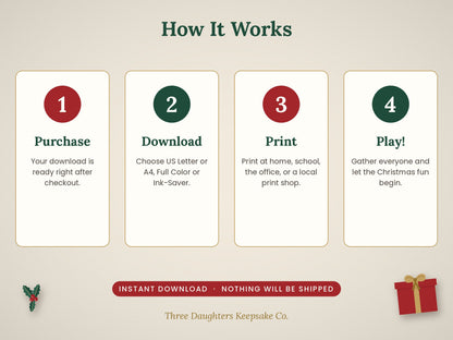 Four steps for the Christmas games bundle: purchase, download, print and play. Nothing is shipped.