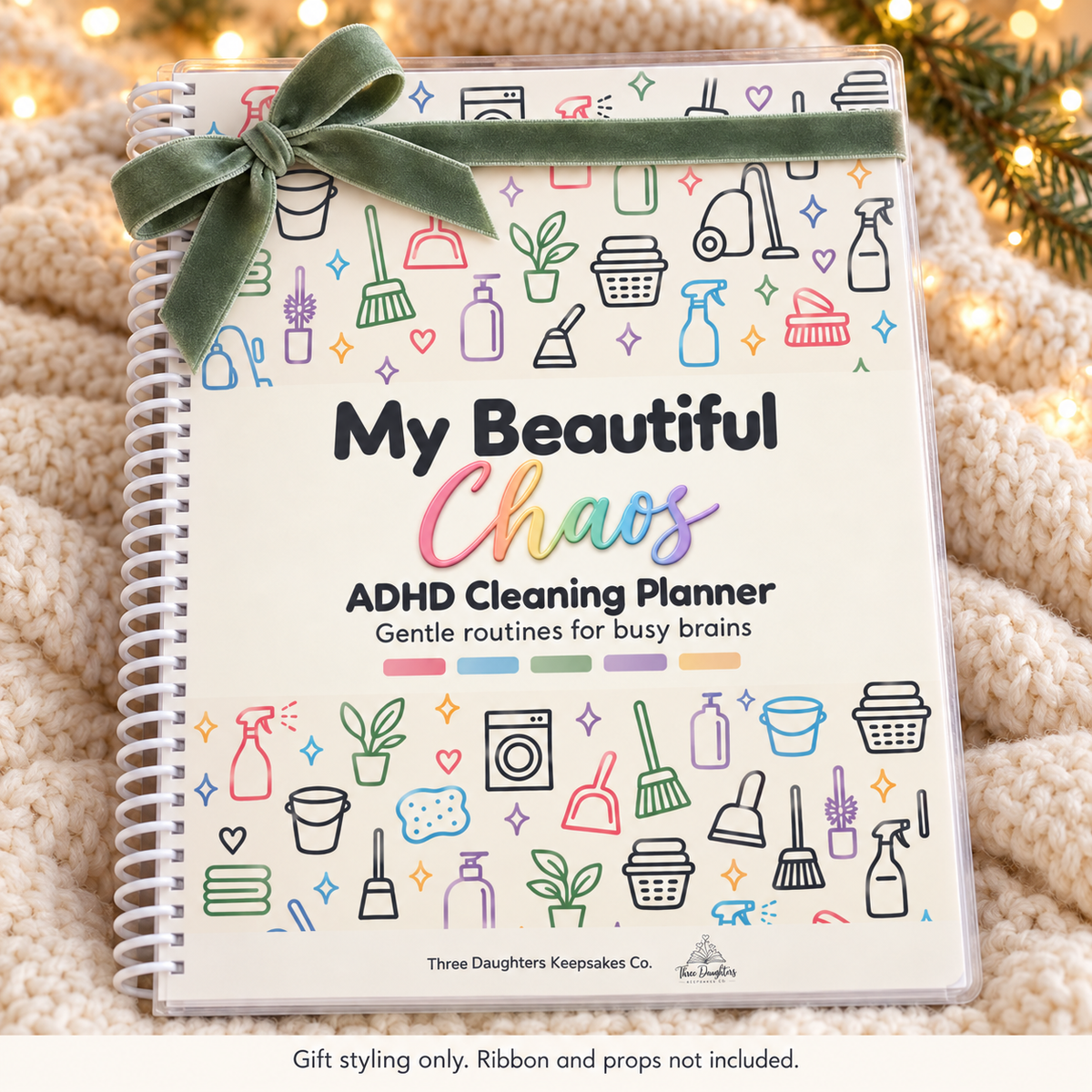 ADHD cleaning planner styled as a Christmas gift for mom with a green velvet ribbon