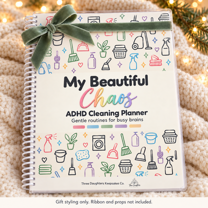 ADHD cleaning planner styled as a Christmas gift for mom with a green velvet ribbon