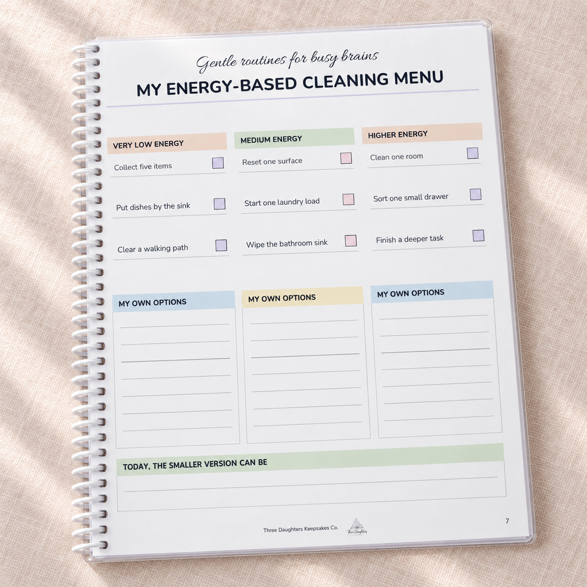 Energy-based cleaning menu page with very low, medium and higher energy task checklists