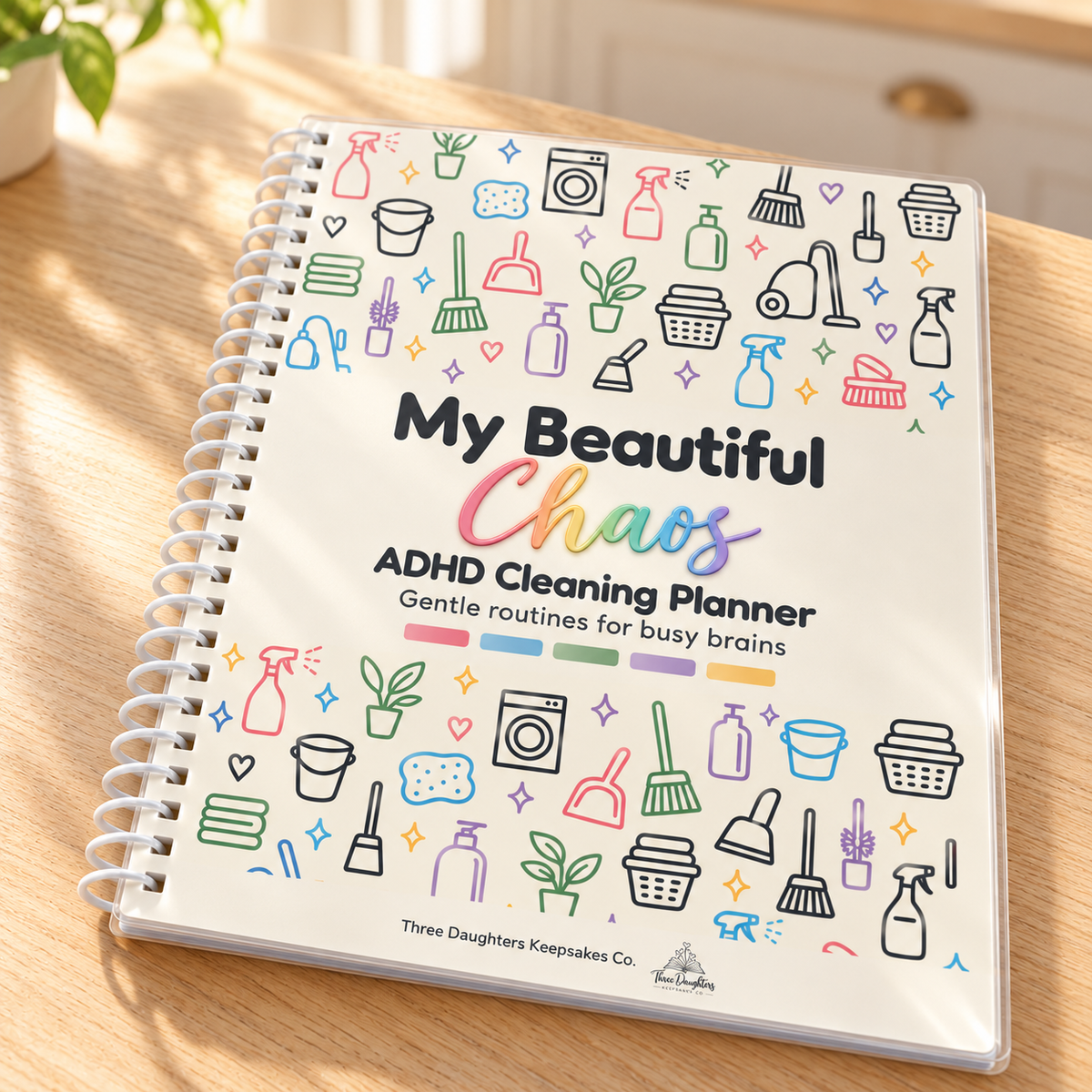 My Beautiful Chaos ADHD cleaning planner with white coil binding on a sunny kitchen counter