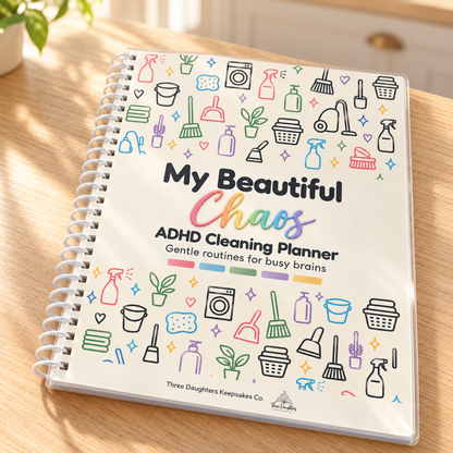 My Beautiful Chaos ADHD cleaning planner with white coil binding on a sunny kitchen counter