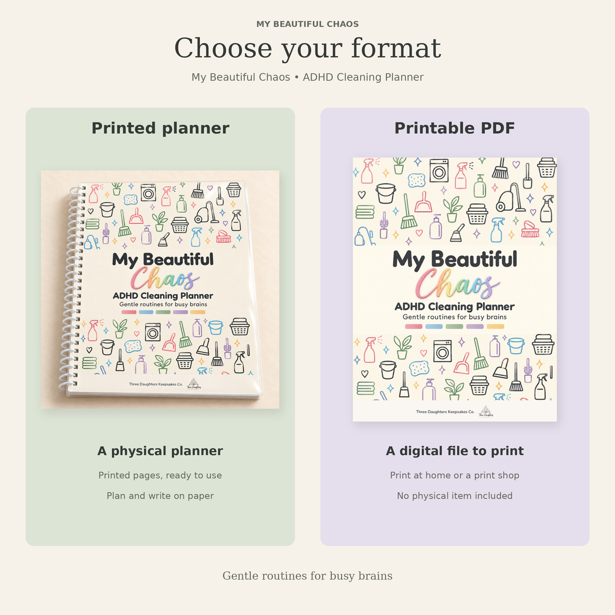 Comparison of the printed spiral bound ADHD cleaning planner and the printable PDF version
