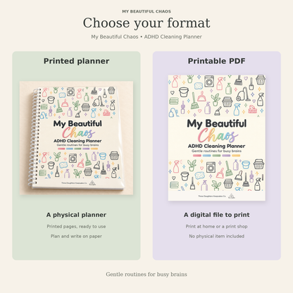 Comparison of the printed spiral bound ADHD cleaning planner and the printable PDF version